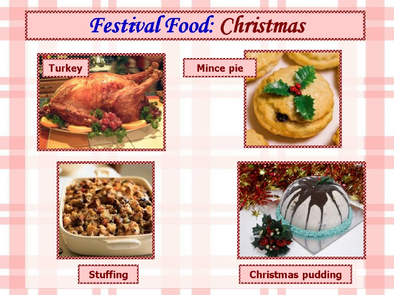 Festival Food: Christmas   Turkey Christmas pudding Mince pie Stuffing